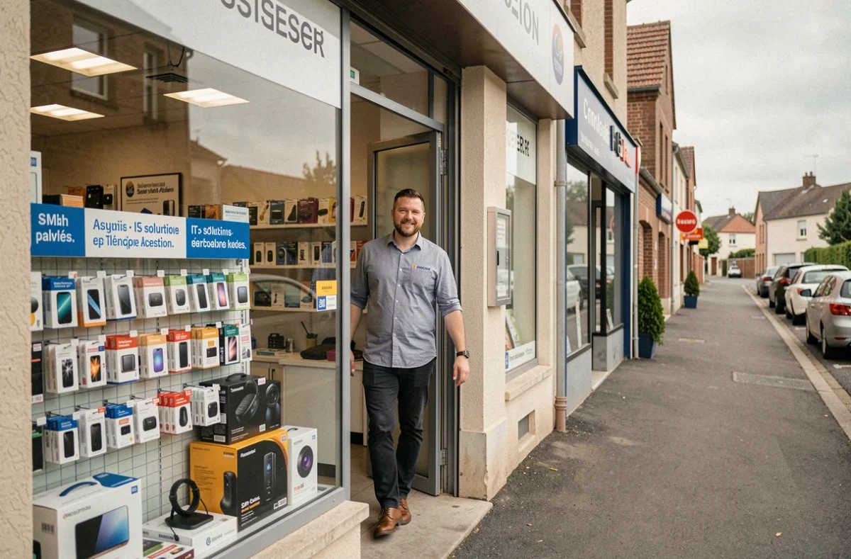 Devanture du magasin 5COM spécialisé en solutions informatiques et télécom en Seine-Saint-Denis, avec le gérant à l'entrée de la boutique