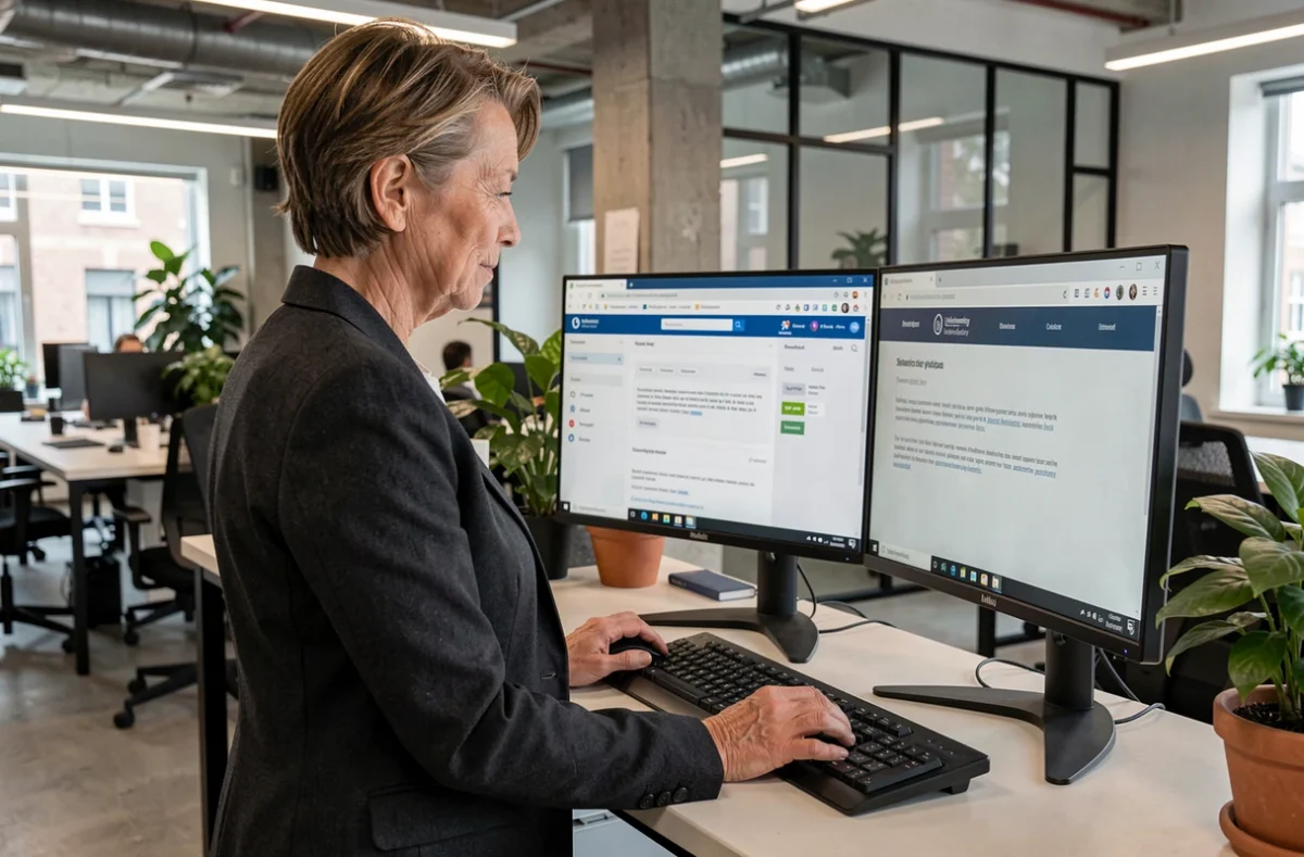 Femme accédant à sa messagerie institutionnelle mel de Rennes depuis un espace de coworking avec un poste de travail double écran