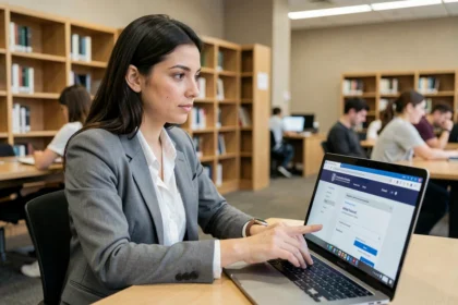 Étudiante accédant à sa messagerie institutionnelle mel depuis un ordinateur portable dans une bibliothèque universitaire moderne