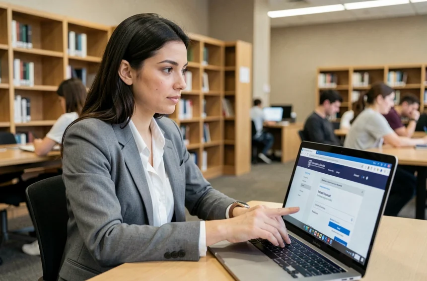 Étudiante accédant à sa messagerie institutionnelle mel depuis un ordinateur portable dans une bibliothèque universitaire moderne