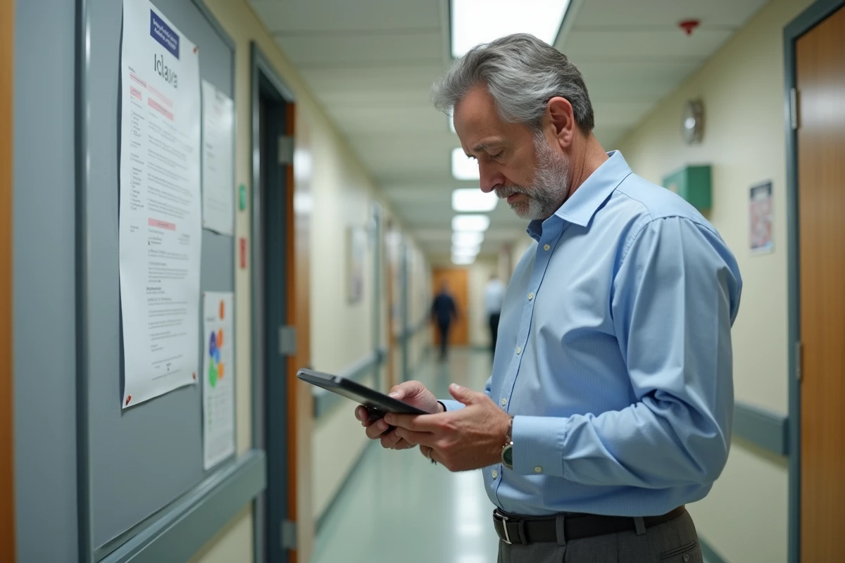 Homme administrateur utilisant une tablette dans un couloir