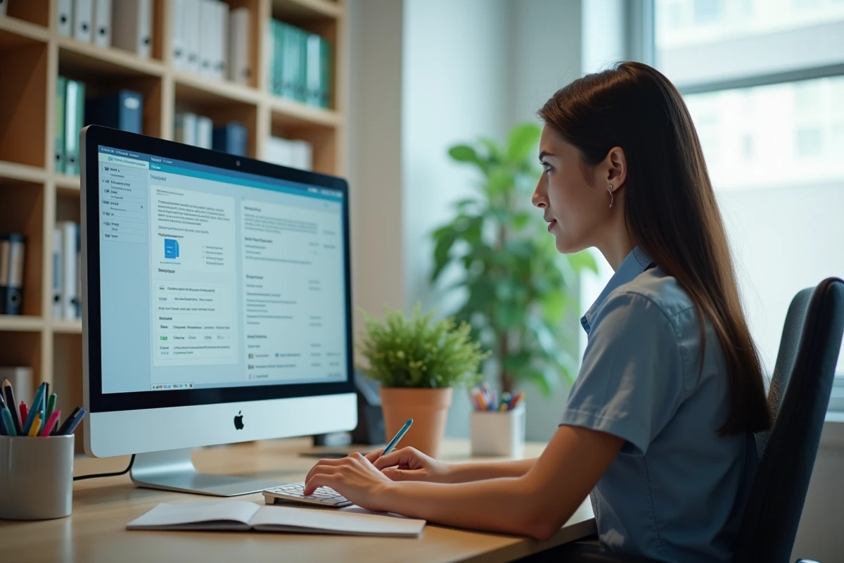 Jeune administratrice scolaire travaillant à son bureau