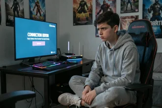Adolescent frustré devant un écran Fortnite affichant une erreur de connexion après changement de box internet