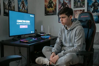 Adolescent frustré devant un écran Fortnite affichant une erreur de connexion après changement de box internet