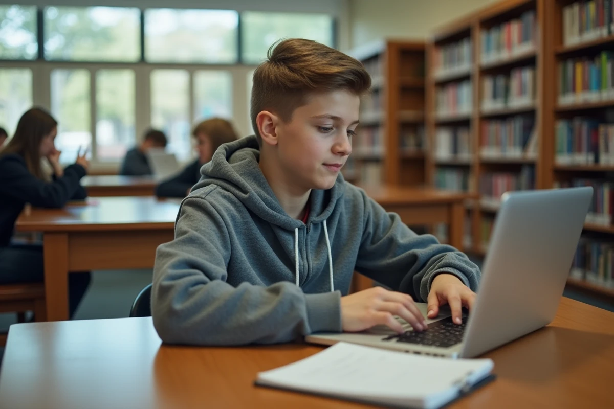 Adolescent explorant des fiches de métiers numériques sur un ordinateur portable dans une bibliothèque scolaire