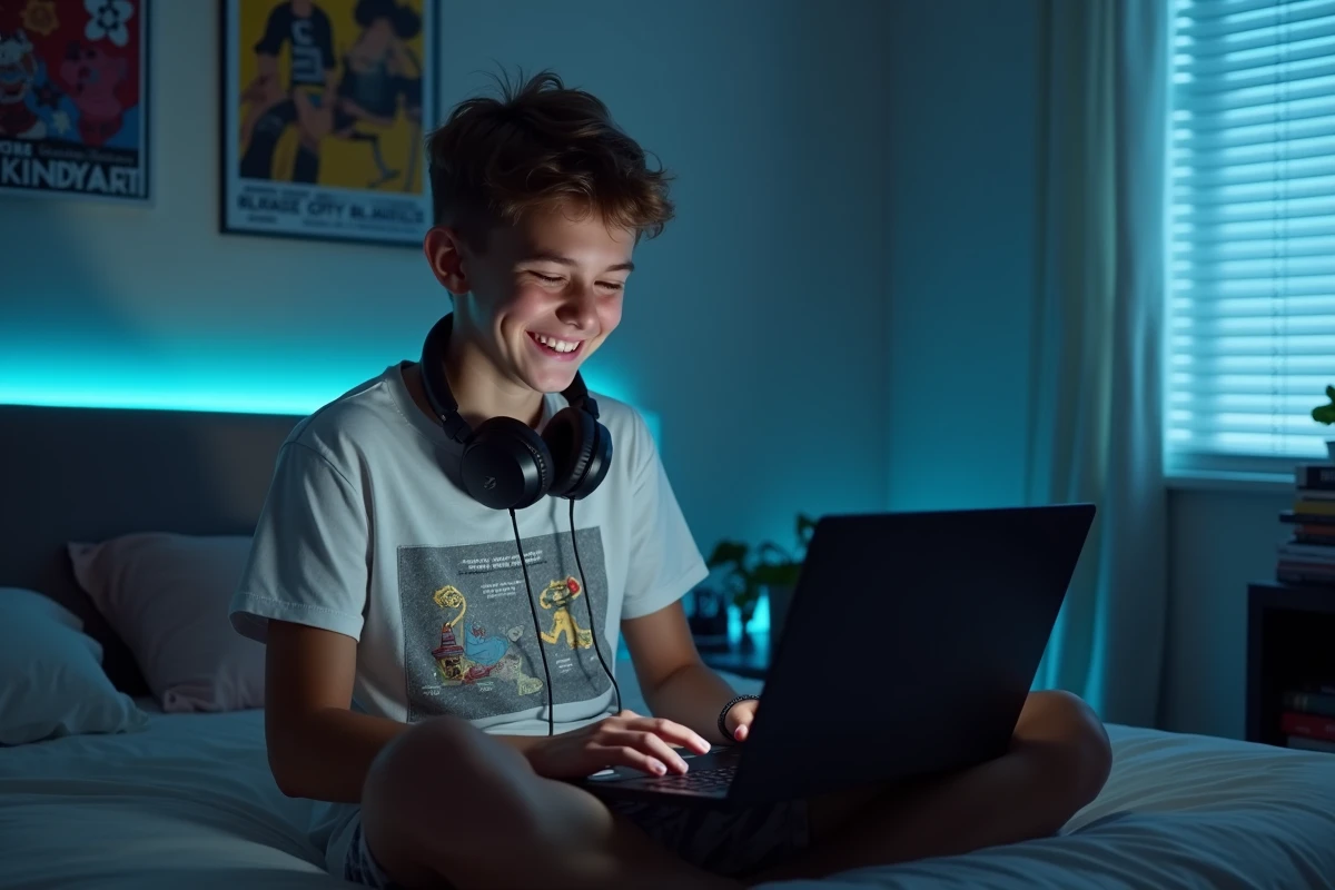 Adolescent riant avec un ordinateur portable sur les genoux en testant le easter egg Do a Barrel Roll dans un navigateur Google Chrome