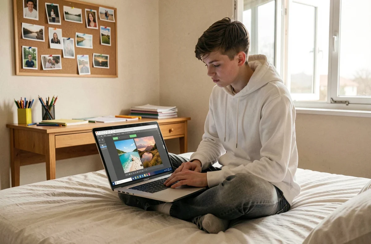 Adolescent utilisant Microsoft Paint sur Windows pour fusionner deux images JPG sans logiciel en ligne