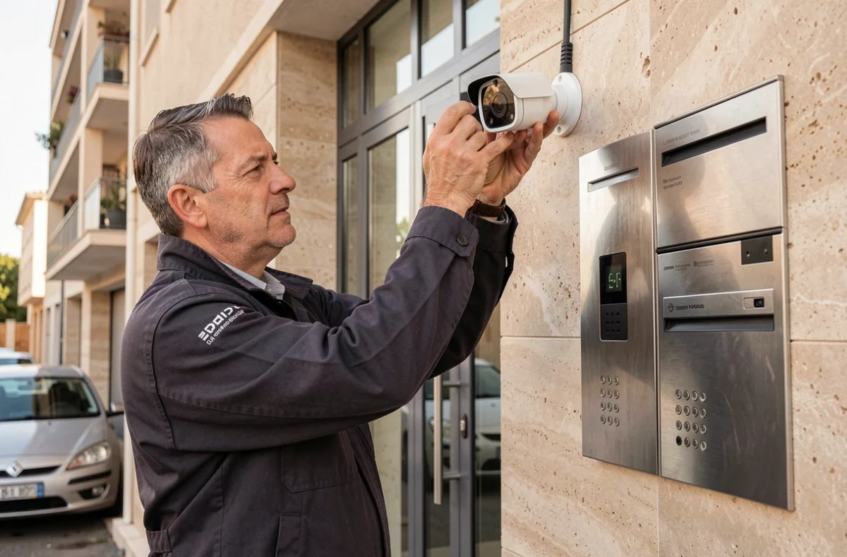 Technicien All Renov posant une caméra IP à l'entrée d'un immeuble résidentiel près d'Aix-en-Provence