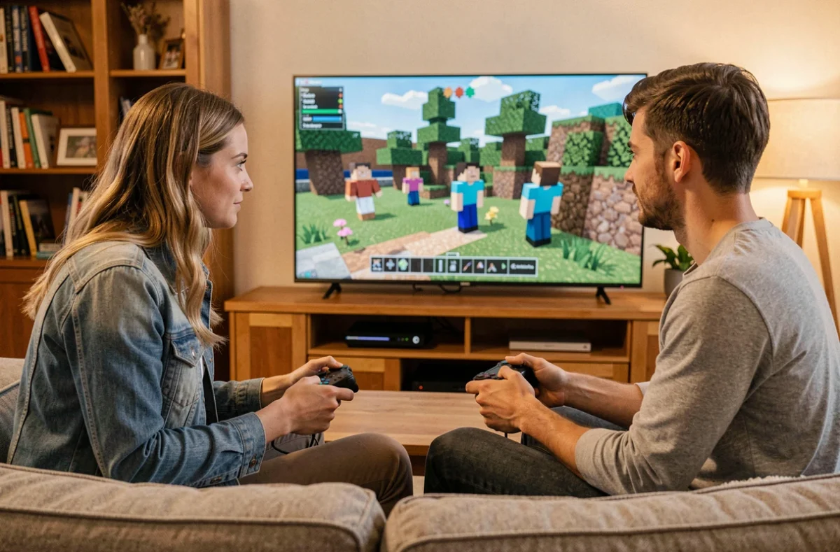 Deux amis jouant ensemble sur un serveur Minecraft multijoueur depuis leur salon