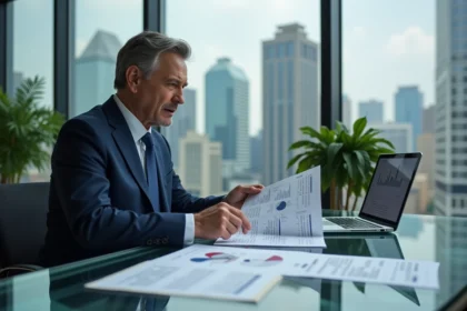 Homme en costume marine analysant des documents complexes dans un bureau d'entreprise moderne avec vue sur la ville