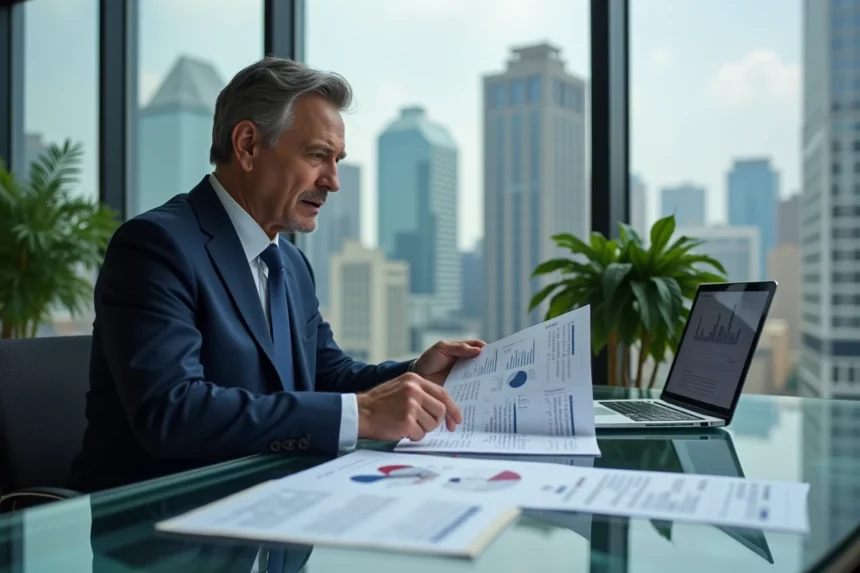 Homme en costume marine analysant des documents complexes dans un bureau d'entreprise moderne avec vue sur la ville