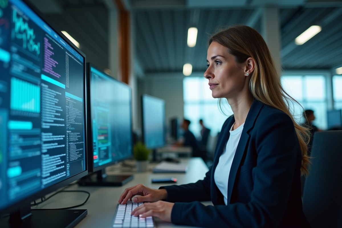 Femme professionnelle analysant des rapports de menace en bureau hightech