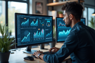 Marketeur numérique analysant des graphes SEO et icônes d'IA sur un écran lumineux