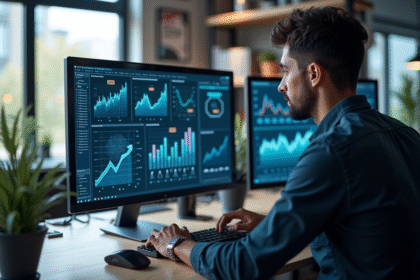 Marketeur numérique analysant des graphes SEO et icônes d'IA sur un écran lumineux
