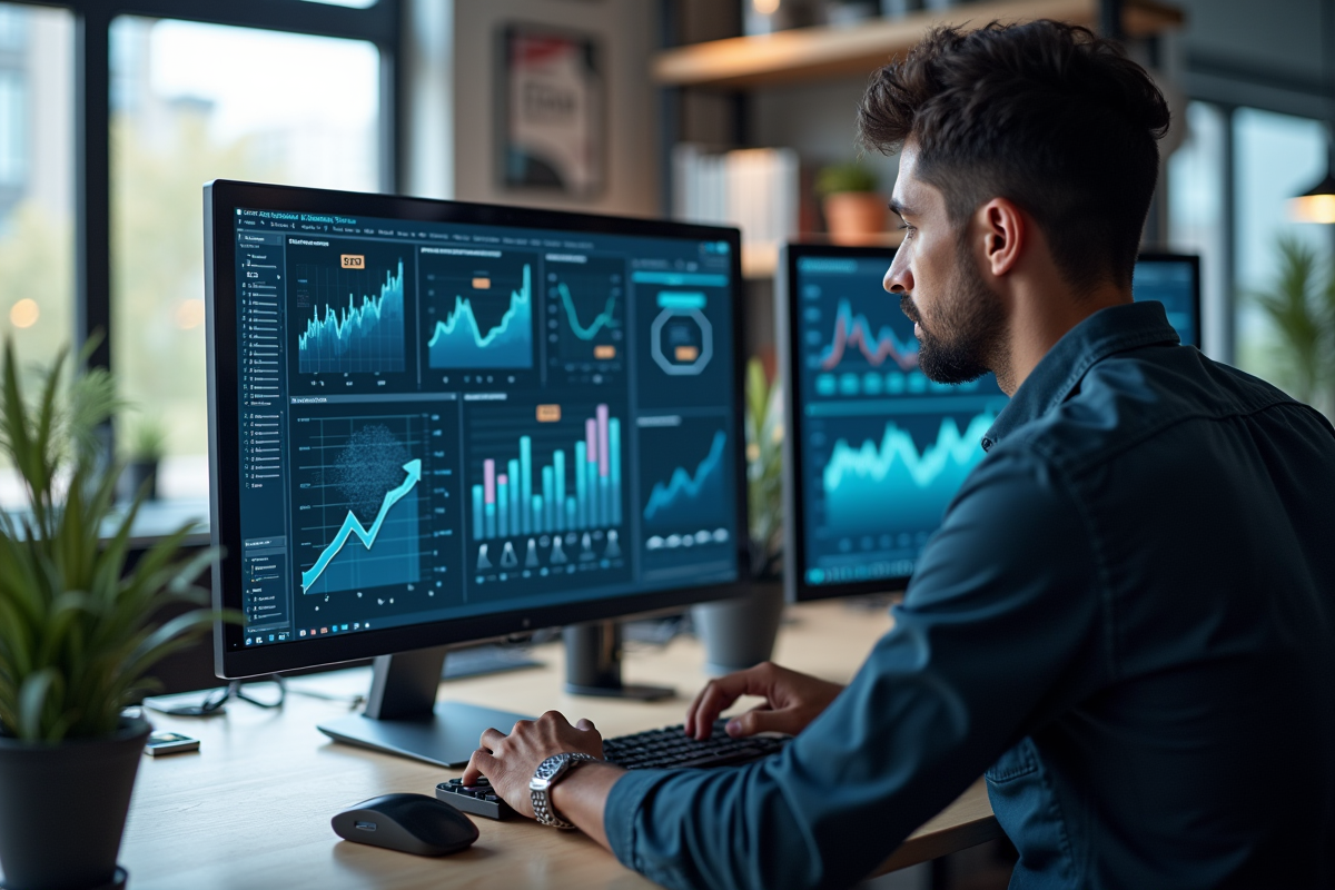 Marketeur numérique analysant des graphes SEO et icônes d'IA sur un écran lumineux