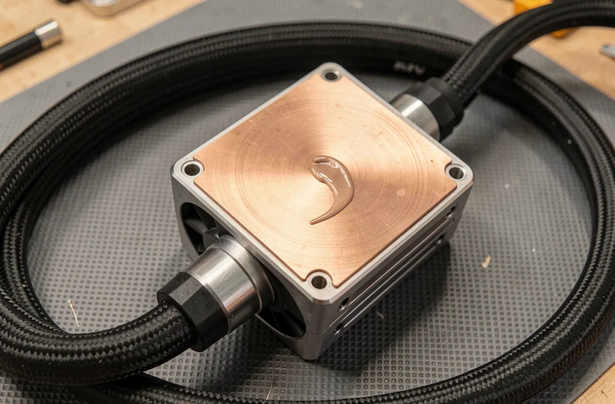 Gros plan sur la tête de pompe et la plaque froide en cuivre de l'ARCTIC Liquid Freezer III Pro 360 avec pâte thermique appliquée