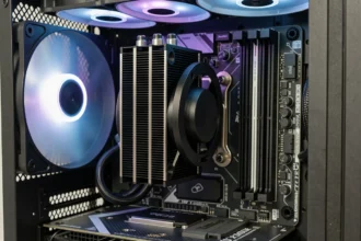 ARCTIC Liquid Freezer III Pro 360 RGB installé dans un boîtier PC avec éclairage RGB bleu et violet sur le radiateur et les ventilateurs