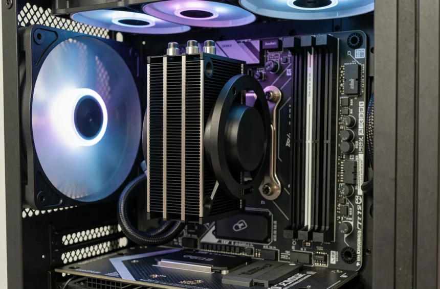 ARCTIC Liquid Freezer III Pro 360 RGB installé dans un boîtier PC avec éclairage RGB bleu et violet sur le radiateur et les ventilateurs