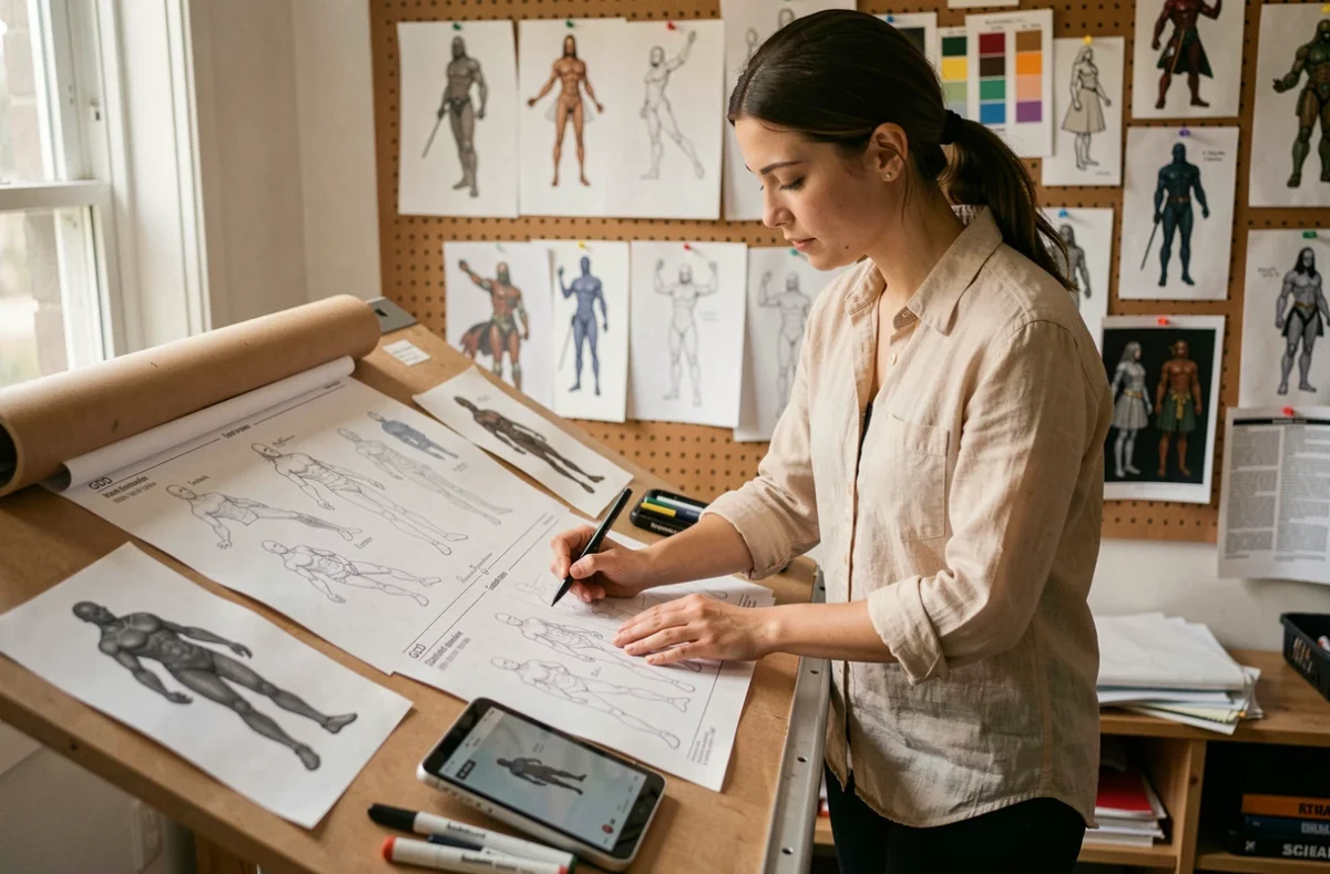 Artiste conceptuelle esquissant des personnages sur des pages de Game Design Document dans un studio créatif, entourée de références visuelles épinglées au mur