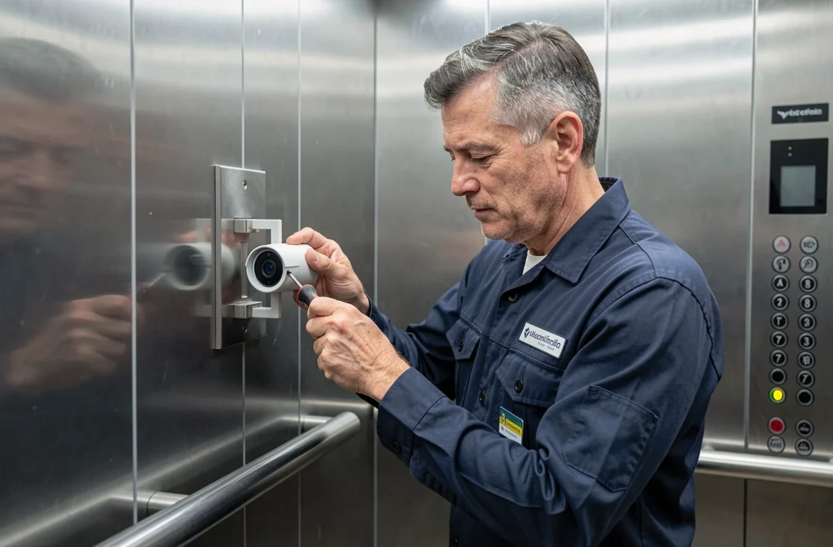 Technicien Ascenseurs Renovation Services intégrant une caméra de surveillance dans la cabine d'un ascenseur