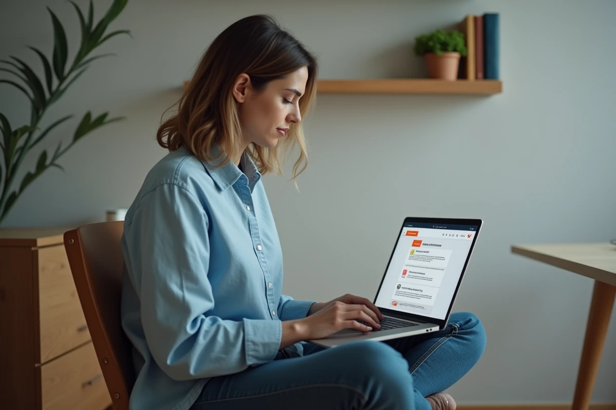 Femme consultant le site orange.fr assistance TV sur un ordinateur portable pour résoudre une erreur de décodeur