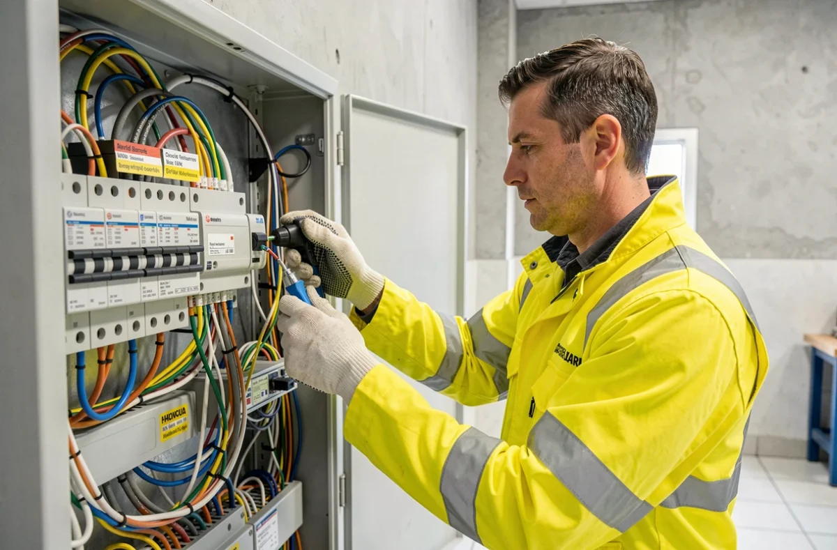 Électricien Attanelec raccordant le câblage d'une caméra de surveillance dans un tableau électrique commercial