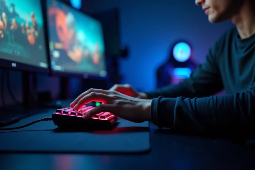 Joueur de jeux vidéo cliquant rapidement sur une souris mécanique avec précision lors d'une session d'entraînement à son bureau gaming