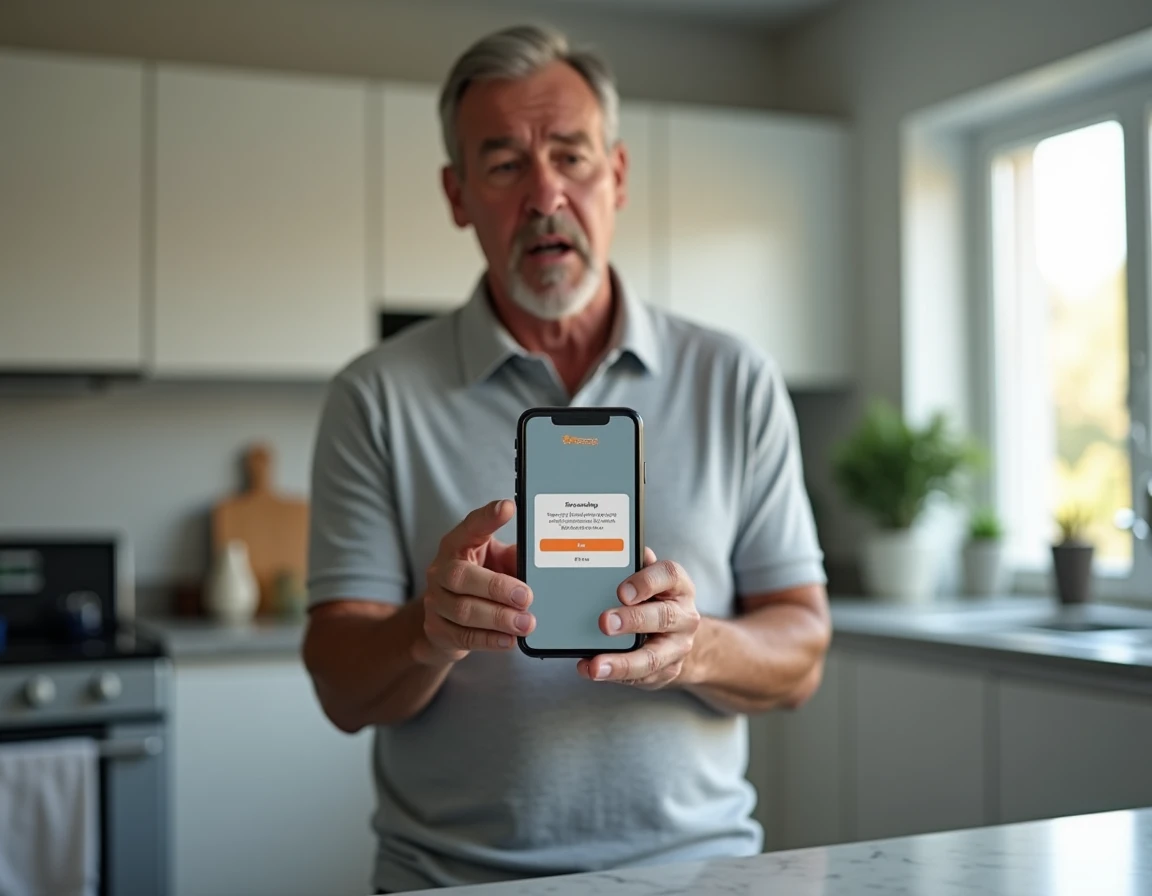 Homme rencontrant une erreur lors de l'inscription à une boîte mail Orange sur smartphone dans une cuisine