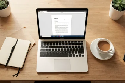 Bureau avec un ordinateur portable affichant un document et un carnet