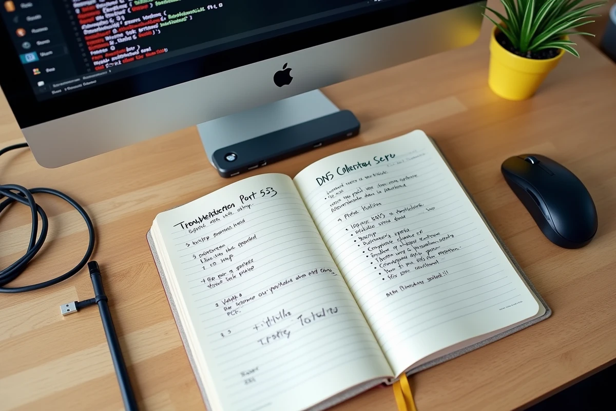Bureau avec notes manuscrites sur le diagnostic du port DNS 53 TCP et terminal de commande réseau visible en arrière-plan