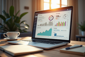 Espace de travail professionnel avec un ordinateur et tableau SEO