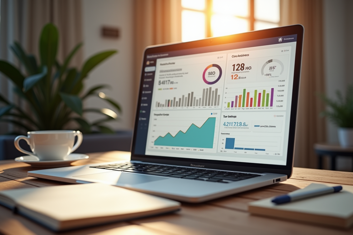 Espace de travail professionnel avec un ordinateur et tableau SEO