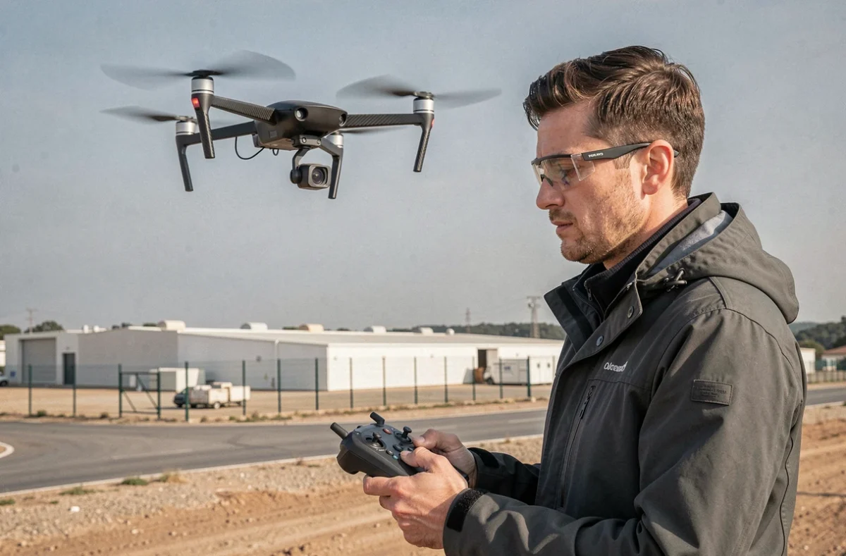 Opérateur C-Drone pilotant un drone de vidéosurveillance professionnel au-dessus d'un site industriel dans les Bouches-du-Rhône