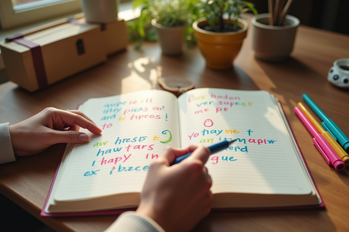 Personne dessinant un cadre coloré autour de mots manuscrits