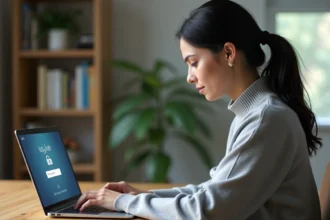 Femme changeant son mot de passe de messagerie académique sur un ordinateur portable dans un bureau à domicile
