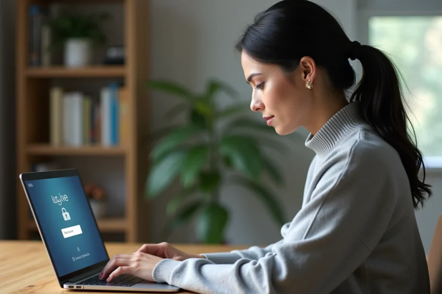 Femme changeant son mot de passe de messagerie académique sur un ordinateur portable dans un bureau à domicile