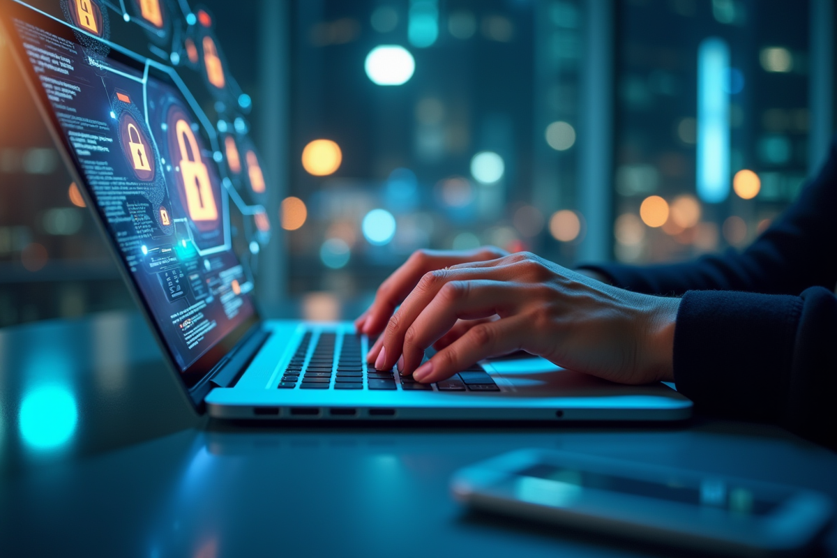 Mains tapant sur un clavier avec hologrammes de cadenas numériques