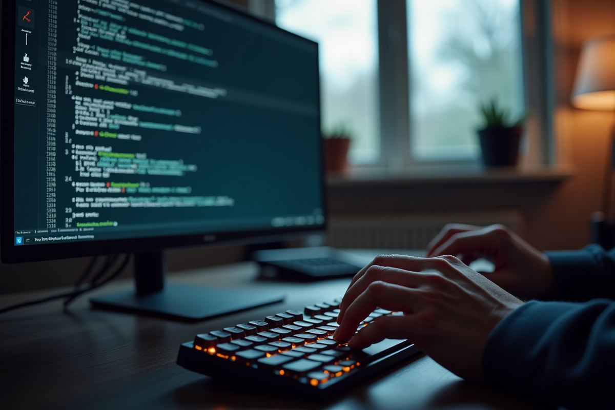 Mains d'un programmeur tapant sur un clavier mécanique rétroéclairé avec un terminal Linux à l'écran