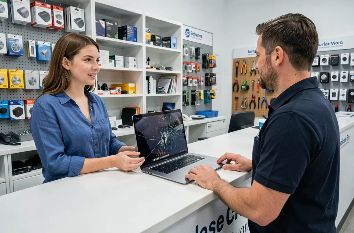 Cliente présentant un MacBook à écran fissuré à un technicien dans un magasin de réparation informatique pour faire valoir la garantie