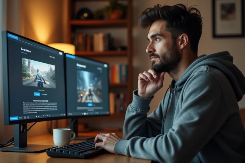 Homme comparant un abonnement jeux vidéo et des achats individuels sur deux écrans dans un bureau à domicile