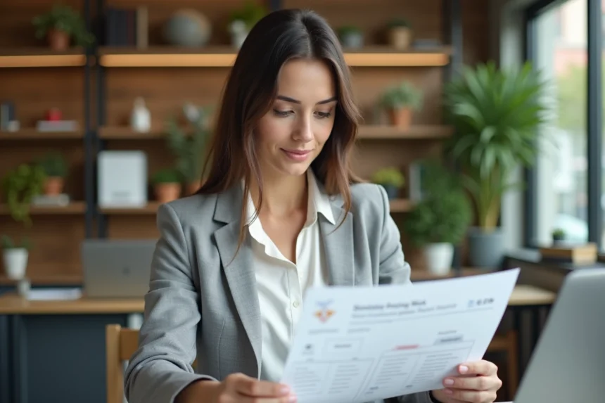 Femme marketeur comparant une grille tarifaire de logiciels emailing sur un bureau moderne