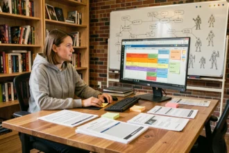 Conceptrice de jeux vidéo travaillant sur un Game Design Document structuré, entourée de notes et d'un écran affichant un GDD organisé en couleurs