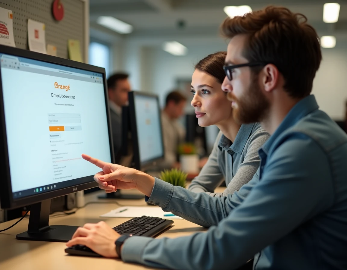 Deux collègues configurant ensemble une boîte mail Orange sur un ordinateur de bureau dans un open space
