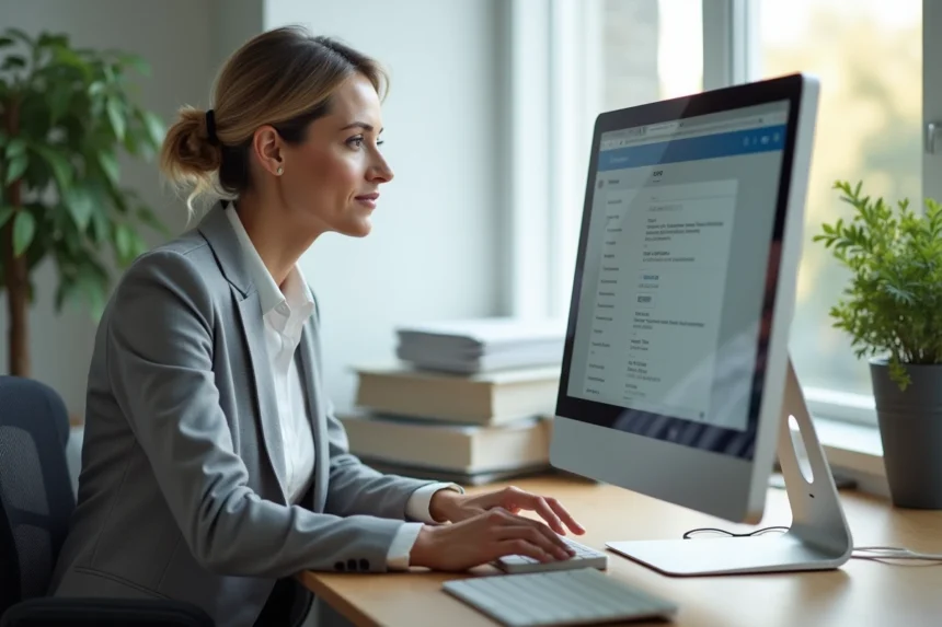 Femme professionnelle configurant un client de messagerie Outlook sur un ordinateur de bureau dans un bureau administratif