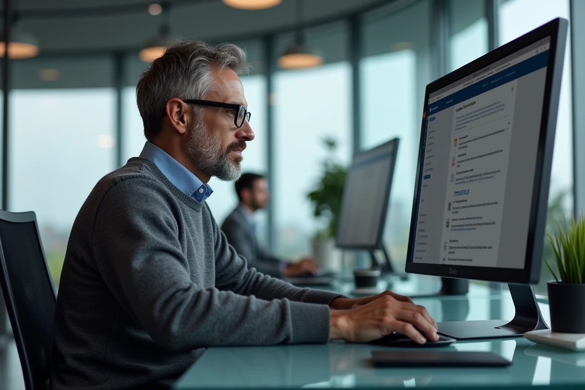 Homme en bureau open-space consultant les paramètres de redirection d'email sur un grand écran d'ordinateur