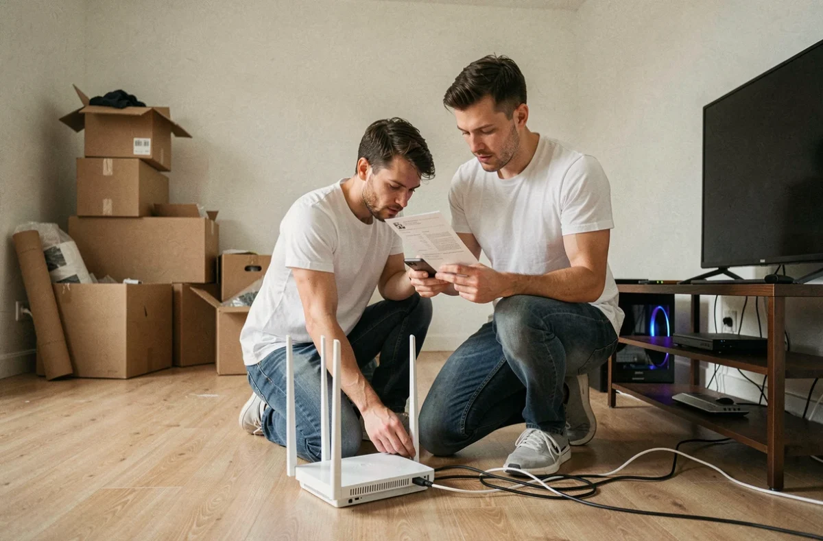 Homme configurant un routeur et un modem après déménagement pour rétablir la connexion de sa console de jeu