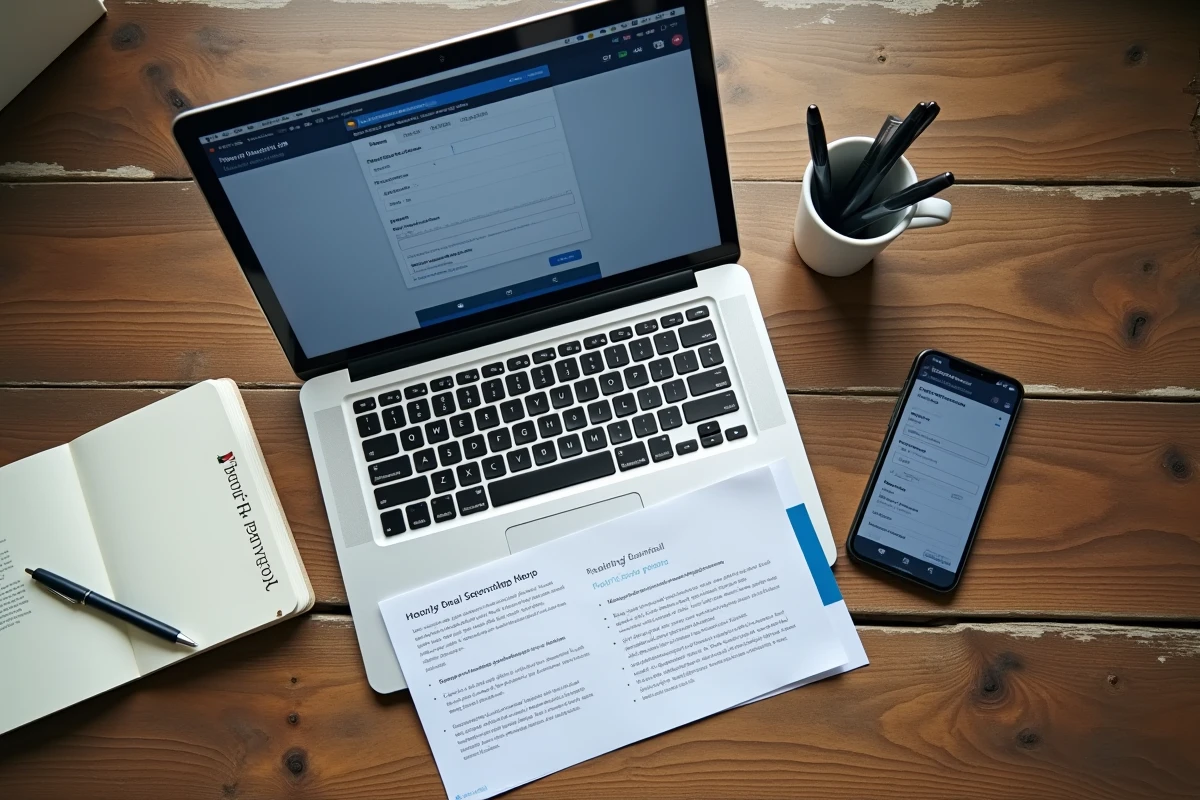 Vue aérienne d'un bureau avec un ordinateur portable affichant les paramètres de messagerie webmail et un guide de configuration imprimé