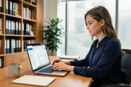 Étudiante configurant les paramètres de messagerie professionnelle sur un webmail universitaire dans un bureau académique moderne
