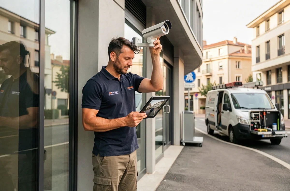 Technicien Conspectus Technologie installant une caméra PTZ sur un immeuble de bureaux moderne