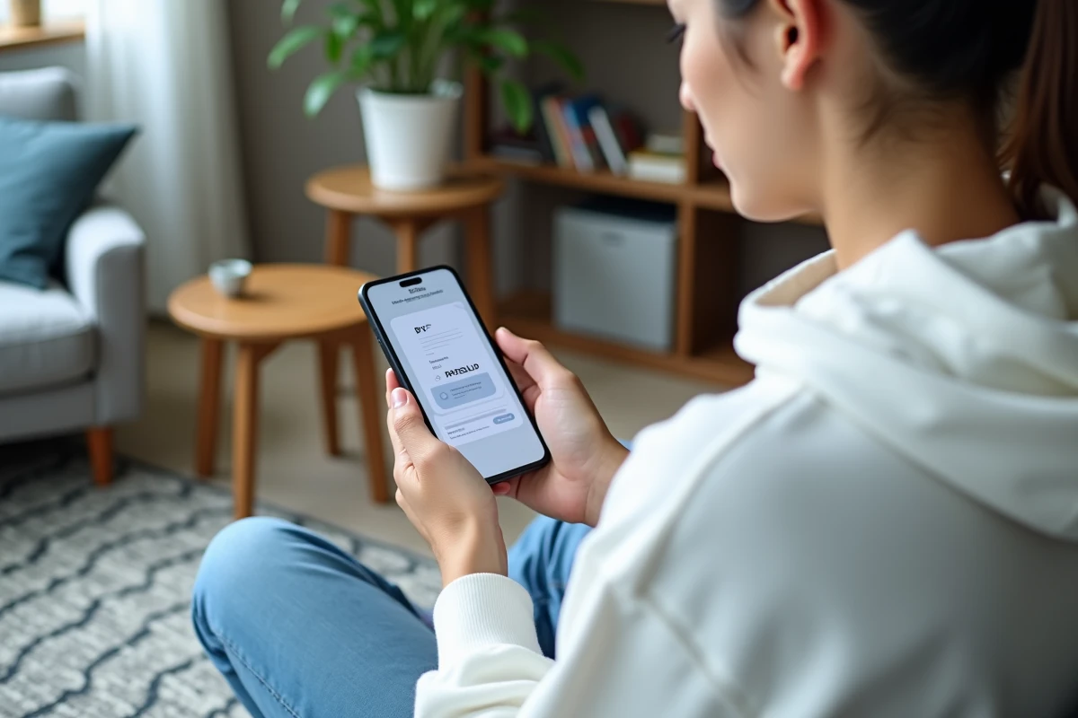 Jeune employé consultant son bulletin de paie en ligne sur smartphone via une application RH mobile type myPrimobox